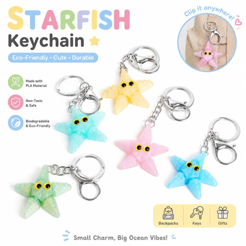 3D Printed Cute Starfish Keychain - Car Key Ring Pendant Social Media Viral Cross-Border Wholesale