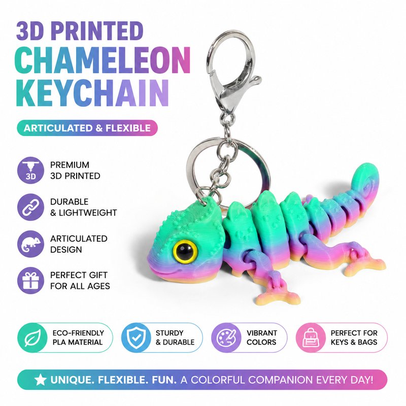 3D Printed Cute-Eyed Chameleon Keychain - 3D Articulated Lizard Backpack Pendant Small Gift Accessories