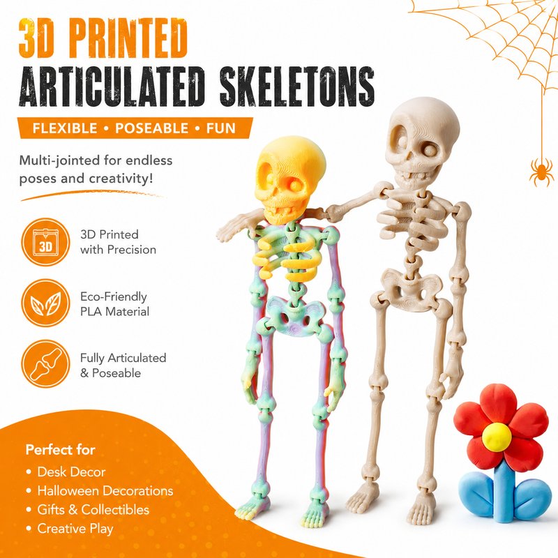 3D Printed Cross-Border Poseable Skeleton Fridge Magnet - Articulated Magnetic Skull Bone Home Decor