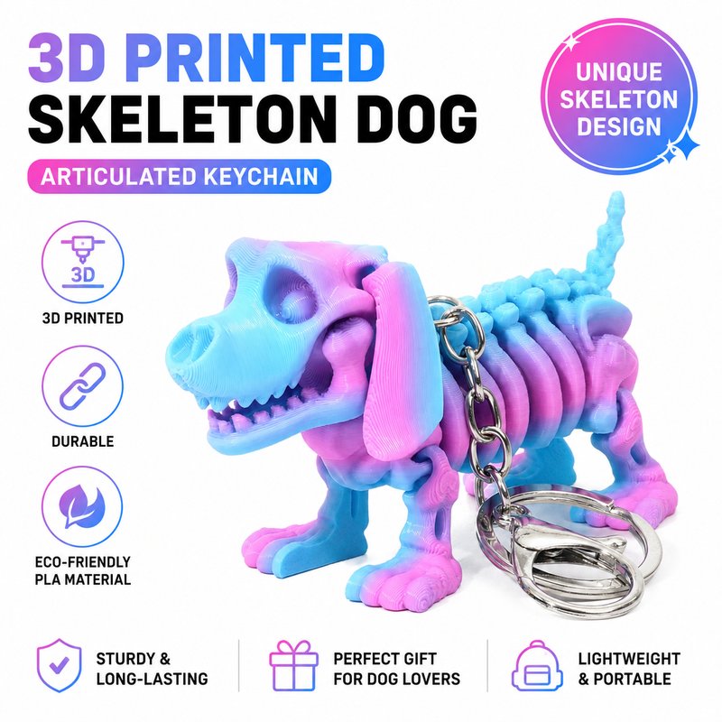 3D Printed Skeleton Dog Keychain - Articulated Skull Puppy Backpack Charm Action Figure Creative Toy Wholesale