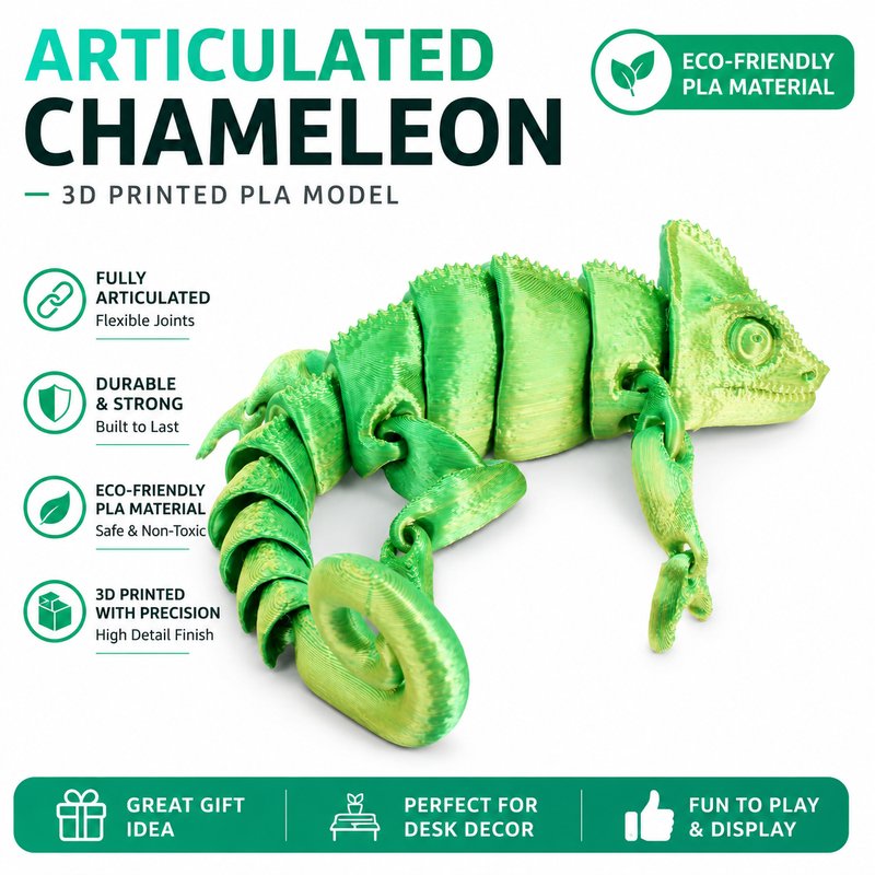 Viral 3D Printed Chameleon Lizard - Fully Articulated Flexible Lifelike Reptile Pet Model Toy