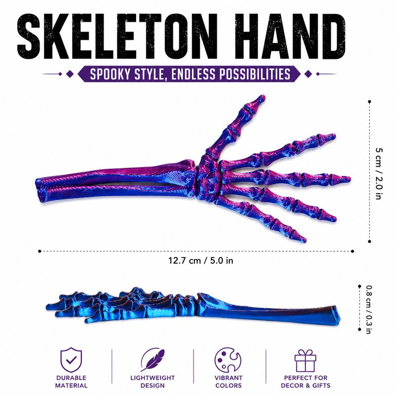 3D Printed Halloween Articulated Skeleton Hand - Flexible Mechanical Skull Claw Figure Horror Prop Toy Gift